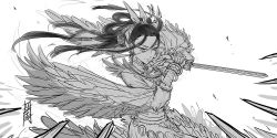 1girl antaria bangle bracelet feathers female_focus greyscale jewelry long_hair monochrome necklace original signature sketch solo sword weapon