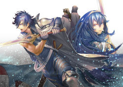 Rule 34 | 2boys, 2girls, armor, blue eyes, blue hair, book, brown hair, cape, chrom (fire emblem), dual persona, father and daughter, fire emblem, fire emblem awakening, holding, holding weapon, hood, kitsune n, long hair, looking at viewer, lucina (fire emblem), multiple boys, multiple girls, nintendo, open mouth, ponytail, robin (female) (fire emblem), robin (fire emblem), robin (male) (fire emblem), sword, tiara, weapon