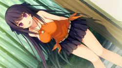 Rule 34 | 10s, 1girl, akinashi yuu, ao no kanata no four rhythm, bamboo, bamboo forest, bare shoulders, belt, black hair, blush, breasts, buckle, forest, game cg, hair ribbon, huge breasts, jewelry, large breasts, leaning forward, legs, long hair, looking at viewer, nature, necklace, open mouth, pink eyes, purple eyes, ribbon, shell, shirt, skirt, smile, solo, sprite (company), standing, suzumori, thighs, tied shirt, tobisawa misaki, very long hair