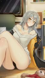 1girl absurdres bare_shoulders black_gloves black_panties collarbone gloves grey_hair highres honkai:_star_rail honkai_(series) indoors jacket knees_up long_hair looking_at_viewer no_pants off-shoulder_shirt off_shoulder open_clothes open_jacket panties rinse_7 shirt sitting solo stelle_(honkai:_star_rail) stuffed_animal stuffed_toy teddy_bear thighs trailblazer_(honkai:_star_rail) underwear white_shirt yellow_eyes