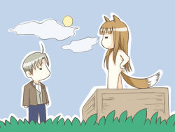 Rule 34 | 00s, 1boy, 1girl, ahoge, animal ears, brown hair, clothed male nude female, craft lawrence, holo, long hair, lowres, nude, outdoors, spice and wolf, tail, wolf ears, wolf tail, zenra