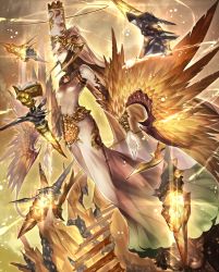 Rule 34 | 10s, 1girl, book, bridal veil, colored skin, dress, closed eyes, feathered wings, granblue fantasy, halo, hat, jewelry, kamiya tomohiro, light particles, long sleeves, open book, open mouth, orange wings, pale skin, solo, veil, vohu manah, white dress, white skin, winged arms, wings
