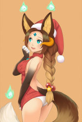 Rule 34 | 1girl, animal ears, aran sweater, ass, back, backless dress, backless outfit, bare back, blonde hair, blue eyes, blush, braid, braided ponytail, breasts, brown hair, cable knit, commission, cristalavi, dress, forehead jewel, fox ears, fox tail, french braid, from behind, gradient fur, gradient hair, hair bobbles, hair ornament, hat, highres, horns, jewelry, long hair, medium breasts, meme attire, multicolored hair, necklace, open mouth, original, panties, red sweater, ribbed sweater, santa hat, simple background, single braid, skull, smile, solo, star-shaped pupils, star (symbol), sweater, sweater dress, symbol-shaped pupils, tail, turtleneck, turtleneck sweater, underwear, very long hair, virgin killer sweater, white panties