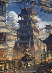 Rule 34 | 1girl, animal ears, architecture, autumn leaves, bag, banner, bespin, blurry, bow, bowtie, braid, brown eyes, brown hair, city, cloud, commentary, day, depth of field, dress, east asian architecture, fantasy, hair bow, hat, highres, lantern, leaf, long hair, looking to the side, matching hair/eyes, open mouth, original, pagoda, paper lantern, railing, satchel, scenery, sign, sky, smile, solo, standing, standing on one leg, tree, twin braids, watermark