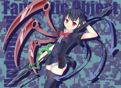 Rule 34 | 1girl, akizuki (akizuki71), animal, arm behind head, arm up, asymmetrical wings, black dress, black hair, black thighhighs, blue background, blue panties, blush, bow, bow panties, breasts, colored skin, dress, green skin, grin, hair ornament, hairclip, holding, houjuu nue, long hair, looking at viewer, mitsudomoe (shape), panties, plaid, plaid panties, polearm, purple background, red eyes, short sleeves, small breasts, smile, snake, spear, standing, teeth, thighhighs, tomoe (symbol), touhou, two-tone background, underwear, weapon, wind, wind lift, wings, wristband