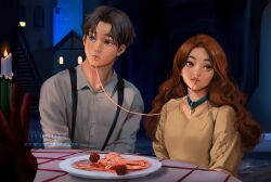 Rule 34 | 1boy, 1girl, animal collar, aqua choker, breasts, brown eyes, brown hair, candle, candlelight, collar, food, grey eyes, highres, imminent kiss, jyundee, lady (disney), lady and the tramp, long hair, long sleeves, looking to the side, meatball, medium breasts, pasta, personification, realistic, shared food, short hair, sitting, spaghetti, spaghetti and meatballs, tablecloth, tramp (disney), upper body, wavy hair