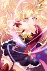 Rule 34 | 1girl, blonde hair, blue eyes, blunt bangs, boots, detached sleeves, expressionless, frilled skirt, frills, glowing, long hair, lowres, multicolored eyes, open mouth, outstretched arm, outstretched hand, pink eyes, pleated skirt, reum, skirt, solo, sword girls