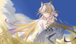 Rule 34 | 1girl, arknights, bare shoulders, blonde hair, blue sky, closed eyes, closed mouth, cloud, day, dragon girl, dragon horns, dress, earrings, grey hair, grey horns, hair between eyes, hair intakes, hand on own chest, hand up, highres, horns, jewelry, long hair, long sleeves, multicolored hair, necklace, off shoulder, outdoors, plant, pointy ears, purple hair, shouga chahan, shu (arknights), sky, solo, upper body, white dress, wind, yellow horns