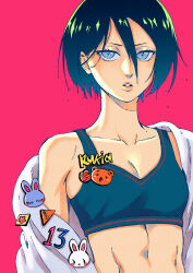 Rule 34 | 1girl, absurdres, alternate costume, black hair, bleach, breasts, character name, cleavage, collarbone, commentary, contemporary, decora, double-parted bangs, english commentary, eyelashes, flying sweatdrops, hair behind ear, hair between eyes, highres, kuchiki rukia, lips, looking at viewer, midriff, parted lips, pink background, purple eyes, rabbit ornament, short hair, simple background, single bare shoulder, small breasts, solo, sports bra, straight hair, tsurime, upper body, v-shaped eyebrows, yshjsw