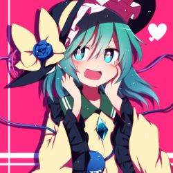 Rule 34 | 1girl, black hat, blue flower, blue rose, blush, bow, bright pupils, commentary request, flower, green eyes, green hair, hands on own cheeks, hands on own face, hands up, hat, hat bow, hat flower, heart, heart-shaped pupils, komeiji koishi, long sleeves, looking at viewer, open mouth, pink background, rose, shirt, short hair, smile, solo, symbol-shaped pupils, third eye, touhou, upper body, white pupils, wide sleeves, yellow bow, yellow shirt, you (noanoamoemoe)