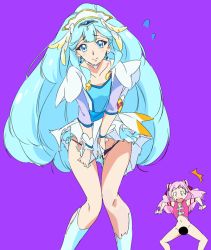 Rule 34 | 10s, 2girls, ^^^, black panties, blue eyes, blue hair, bottomless, censored, cone hair bun, covering privates, covering crotch, cure ange, cure yell, earrings, hair bun, hugtto! precure, jewelry, long hair, looking at viewer, magical girl, multiple girls, navel, panties, pink eyes, pink hair, precure, simple background, torn clothes, umanosuke, underwear, very long hair, wrist cuffs
