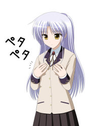 Rule 34 | 10s, 1girl, angel beats!, blazer, buttons, flat chest, hand on breast, jacket, kishi nisen, long hair, official style, pocket, ribbon, school uniform, silver hair, simple background, skirt, solo, tenshi (angel beats!), translated, white background, yellow eyes