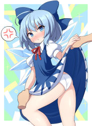 Rule 34 | 1girl, anger vein, ass, assisted exposure, bare legs, blue bow, blue dress, blue eyes, blue hair, blue wings, blush, bow, cirno, clothes lift, collared shirt, dress, dress lift, embarrassed, hair bow, ice, ice wings, looking at viewer, medium hair, neck ribbon, panties, puffy short sleeves, puffy sleeves, red neckwear, ribbon, rizento, shirt, short sleeves, sleeveless, sleeveless dress, solo focus, spoken anger vein, standing, sweat, touhou, twisted torso, underwear, white panties, white shirt, wing collar, wings