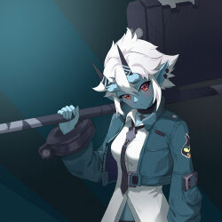 Rule 34 | 1girl, absurdres, black choker, black necktie, blue background, blue jacket, blue skin, blush, choker, closed mouth, collared jacket, collared shirt, colored skin, commentary, commentary request, cropped jacket, cuffs, earrings, english commentary, eyelashes, hair between eyes, head tilt, highres, holding, holding weapon, horns, jacket, jewelry, long sleeves, looking at viewer, mixed-language commentary, momo (momo paint), necktie, oni, open clothes, open jacket, pointy ears, red eyes, shirt, short hair, sidelocks, simple background, skin-covered horns, solo, soukaku (zenless zone zero), upper body, weapon, white hair, white shirt, wing collar, zenless zone zero, zipper