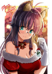 Rule 34 | 1girl, ahoge, animal ears, aqua eyes, artist name, bell, black hair, blurry, blurry background, blush, bow, breasts, cat ears, choker, cleavage, closed mouth, collarbone, depth of field, dress, fur-trimmed dress, fur trim, glasses, gloves, hair between eyes, hair bow, head tilt, hiroki (hirokiart), holding, jingle bell, long hair, looking at viewer, medium breasts, merry christmas, mole, mole under mouth, off-shoulder dress, off shoulder, original, puffy short sleeves, puffy sleeves, red bow, red choker, red dress, santa costume, short sleeves, sidelocks, signature, smile, snowman, solo, striped, striped bow, very long hair, white gloves
