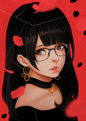 Rule 34 | 1girl, artist name, black hair, blunt bangs, choker, close-up, earrings, glasses, green eyes, jewelry, lips, long hair, looking at viewer, looking to the side, magion02, original, parted lips, petals, profile, solo, teeth
