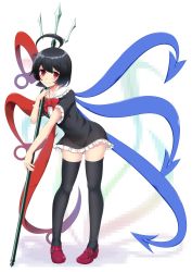 Rule 34 | 1girl, ahoge, asymmetrical wings, black dress, black hair, black thighhighs, bow, bowtie, buckle, closed mouth, collar, contrapposto, dress, eyebrows, eyelashes, frilled collar, frilled dress, frilled shirt collar, frilled sleeves, frills, full body, gradient wings, highres, hitotsuki nebura, holding, holding weapon, houjuu nue, huge ahoge, large wings, leaning forward, legs apart, loafers, multicolored wings, pigeon-toed, pixels, polearm, red bow, red bowtie, red eyes, red footwear, shoes, short dress, short sleeves, simple background, solo, spikes, standing, tareme, thighhighs, touhou, trident, weapon, white background, wings, zettai ryouiki