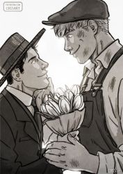 Rule 34 | 2boys, animification, artist name, beret, bouquet, closed mouth, collared shirt, couple, cris art, eye contact, flower, formal, greyscale, hand on another&#039;s face, hat, holding, holding bouquet, hulkling, jacket, looking at another, male focus, marvel, monochrome, multiple boys, necktie, patreon username, shirt, short hair, smile, suit, upper body, wiccan, yaoi
