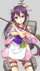 Rule 34 | 10s, 1girl, :q, akebono (kancolle), apron, blush, broom, cowboy shot, crossed arms, female focus, floral print, flower, grey background, hair flower, hair ornament, highres, japanese clothes, kantai collection, kimono, looking at viewer, machinery, maid, maid apron, max melon, obi, purple eyes, purple hair, sash, short kimono, side ponytail, simple background, smile, solo, tasuki, thigh strap, tongue, tongue out, v-shaped eyebrows, wa maid