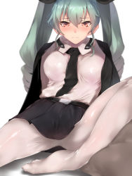 Rule 34 | 10s, absurdres, anchovy (girls und panzer), aqua hair, arm support, bad id, bad pixiv id, belt, blush, brown eyes, capelet, girls und panzer, highres, hplay, military, military uniform, miniskirt, necktie, pantyhose, pleated skirt, simple background, sitting, skirt, solo, twintails, uniform, white background