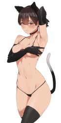 Rule 34 | 1girl, absurdres, animal ears, arm up, armpits, bikini, black gloves, black thighhighs, blush, breasts, brown hair, cat ears, cat tail, contrapposto, elbow gloves, fake animal ears, gloves, highres, medium breasts, mole, mole under eye, navel, original, pen guin15, short hair, simple background, skindentation, solo, spread armpit, swimsuit, tail, thighhighs, white background