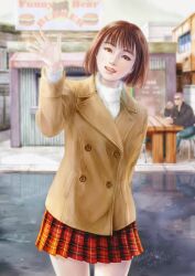 Rule 34 | 1boy, 1girl, absurdres, arm behind back, bob cut, brown coat, brown eyes, brown hair, building, burger, coat, collared coat, day, food, food stand, harasaki nozomi, head tilt, highres, kohji, long sleeves, looking at viewer, medium hair, open hand, open mouth, outdoors, pleated skirt, puddle, red skirt, reflection, reflective water, road, sega, shenmue, shenmue the animation, skirt, smile, solo focus, stool, street, sweater, table, thighs, turtleneck, turtleneck sweater, waving, white sweater