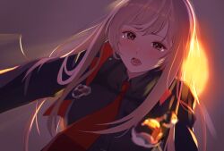 Rule 34 | 1girl, black jacket, collared shirt, crying, crying with eyes open, erihoshikoshi, eyeshadow, female focus, from below, girl on top, goddess of victory: nikke, highres, jacket, light, light blush, light brown hair, lips, long hair, looking at viewer, lower teeth only, makeup, necktie, open mouth, orange eyes, rapi (nikke), red necktie, shirt, solo, tearing up, tears, teeth, tongue, upper body