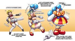 Rule 34 | 2girls, aegis (persona), ahoge, alternate breast size, alternate costume, artist request, blonde hair, blue eyes, breasts, clown, clown girl, clown makeup, clown nose, collar, doll, dollification, dress, english text, female focus, henshin, highres, human to inanimate, inanimate, inanimate object, inflatable, inflation, large breasts, latex, living inflatable, long hair, magic, multiple girls, persona, persona 3, petrification, redflare500, rubber, sex doll, sex doll transformation, short hair, smile, transformation, transformation (object)