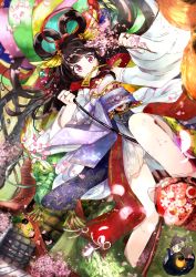 Rule 34 | 2girls, absurdres, animal ears, blue eyes, brown hair, dragon, floral print, from above, gawako, hair ornament, hair rings, highres, lantern, long hair, looking up, mouth hold, multiple girls, open mouth, original, petals, torii, very long hair, wide sleeves