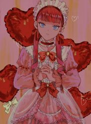 Rule 34 | 1girl, balloon, blue eyes, blunt bangs, bow, bowtie, brooch, choker, closed mouth, cowboy shot, dress, eyelashes, frilled dress, frills, frown, gothic lolita, hair ribbon, head tilt, heart, heart balloon, highres, interlocked fingers, jewelry, kusakabe saki, lolita fashion, long hair, long sleeves, looking at viewer, low twintails, maid headdress, nail polish, own hands together, pink dress, red bow, red bowtie, red hair, red nails, red ribbon, ribbon, sirasu ko, solo, sweet lolita, traditional media, twintails, world trigger
