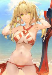 Rule 34 | 1girl, aestus estus, aos, armpits, arms up, beach, bikini, blonde hair, blue sky, breasts, cleavage, closed mouth, cloud, cloudy sky, cowboy shot, criss-cross halter, day, earrings, fate/grand order, fate (series), gluteal fold, green eyes, hair between eyes, hair intakes, halterneck, jewelry, large breasts, long hair, looking at viewer, lowleg, lowleg bikini, navel, nero claudius (fate), nero claudius (fate) (all), nero claudius (swimsuit caster) (fate), outdoors, side-tie bikini bottom, sky, smile, solo, striped bikini, striped clothes, swimsuit, sword, twintails, weapon