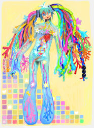 Rule 34 | 1girl, absurdres, blood vessels, blue eyes, cell (biology), commentary, dna, double helix, english commentary, flower, full body, hatsune miku, heart, heart (organ), highres, long hair, momopatchi, multicolored hair, open mouth, see-through body, simple background, solo, standing, twintails, very long hair, vocaloid, yellow background