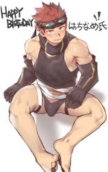 Rule 34 | 1boy, barefoot, bikini briefs, black briefs, black male underwear, black shirt, blush, borrowed character, bulge, detached sleeves, goggles, goggles on head, happy birthday, highres, looking at viewer, male focus, male underwear, original, penis, penis peek, red hair, scarf, shirt, simple background, sitting, solo, spiked hair, tank top, thigh strap, underwear, white background, yellow eyes