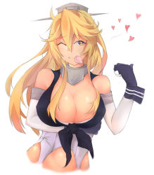 Rule 34 | 10s, 1girl, armor, bare shoulders, blonde hair, blurry, breast hold, breasts, cleavage, closed mouth, condom, condom in mouth, condom wrapper, cropped legs, flipped hair, front-tie top, garter straps, gloves, gorget, hair between eyes, hat, headgear, heart, highres, iowa (kancolle), kantai collection, large breasts, light smile, long hair, looking at viewer, mouth hold, multicolored eyes, navel, one eye closed, purple eyes, raised eyebrows, sidelocks, simple background, smile, solo, spoken heart, star-shaped pupils, star (symbol), stardust (chen&#039;ai weiding), symbol-shaped pupils, upper body, white background, yellow eyes