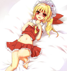 Rule 34 | 1girl, ascot, bare legs, barefoot, blonde hair, blush, bow, artistic error, fangs, female focus, flandre scarlet, hands on own chest, harii, harry (namayake), hat, hat bow, lying, midriff, navel, on back, on bed, open mouth, panties, panties around leg, red eyes, short hair, side ponytail, skirt, skirt set, smile, solo, touhou, underwear, white panties