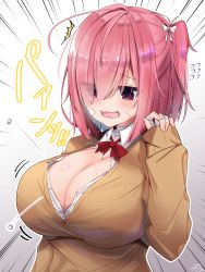 Rule 34 | 1girl, ahoge, asymmetrical bangs, bad id, bad pixiv id, bandaged neck, bandages, bandaid, bandaid on face, blush, bow, bowtie, breasts, brown cardigan, bursting breasts, buttons, cardigan, cleavage, collared shirt, commentary request, dress shirt, eyes visible through hair, flying sweatdrops, gradient background, hair ribbon, hand up, highres, huge breasts, inconvenient breasts, long sleeves, motion lines, nekura yami, one side up, open mouth, original, pink hair, popped button, purple eyes, ramchi, red bow, red bowtie, ribbon, school uniform, shirt, solo, sweat, translation request, uniform, upper body, wardrobe malfunction, white ribbon, white shirt
