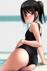 Rule 34 | 1girl, absurdres, ass, bare arms, bare shoulders, black hair, black one-piece swimsuit, blurry, blurry background, blush, brown eyes, closed mouth, depth of field, highres, looking at viewer, looking back, matsunaga kouyou, nose blush, one-piece swimsuit, original, ponytail, sidelocks, solo, swimsuit, wedgie