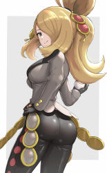 Rule 34 | 1girl, absurdres, ass, black gloves, black pants, blonde hair, border, breasts, creatures (company), cynthia (pokemon), cynthia (sygna suit) (pokemon), game freak, gloves, gonzarez, grey eyes, grey jacket, hair ornament, hair over one eye, hand on own hip, highres, holding, holding poke ball, jacket, long hair, long sleeves, nintendo, official alternate costume, official alternate hairstyle, pants, poke ball, pokemon, pokemon masters ex, solo, tight clothes, tight pants, white border
