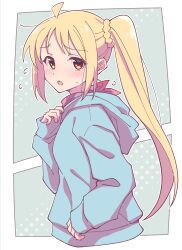 Rule 34 | 1girl, ahoge, blonde hair, blue hoodie, blush, bocchi the rock!, braid, cropped torso, e20, flying sweatdrops, grey background, hand up, highres, hood, hood down, hoodie, ijichi nijika, long hair, long sleeves, looking at viewer, looking to the side, parted bangs, parted lips, puffy long sleeves, puffy sleeves, red eyes, side ponytail, sleeves past wrists, solo, sweat, two-tone background, upper body, very long hair, white background