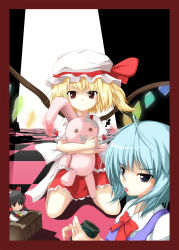 Rule 34 | 6+girls, :3, ahoge, alice margatroid, artist request, black hair, blonde hair, blue eyes, blue hair, border, bow, box, broom, broom riding, button eyes, buttons, cameo, checkered floor, cirno, cup, donation box, dress, embodiment of scarlet devil, flandre scarlet, frills, hair bow, hakurei reimu, hat, highres, kirisame marisa, multiple girls, patchouli knowledge, perspective, red eyes, ribbon, rindou (faker&#039;s manual), short hair, side ponytail, silhouette, stuffed animal, stuffed rabbit, stuffed toy, tongue, touhou, wings