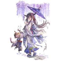 Rule 34 | 1girl, :d, black hair, blush, breasts, danua, draph, fang, floral print, flower, full body, granblue fantasy, hair between eyes, hand up, hatchet, holding, holding umbrella, japanese clothes, kimono, long hair, long sleeves, looking at viewer, nata (tool), obi, open mouth, pointy ears, print kimono, purple flower, purple umbrella, red eyes, sash, sleeves past wrists, smile, solo, teeth, tongue, transparent background, twintails, umbrella, very long hair, white kimono, wide sleeves