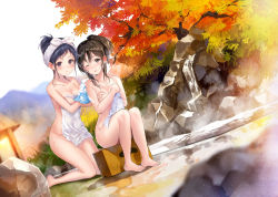 Rule 34 | 2girls, autumn leaves, barefoot, bath stool, black eyes, black hair, blush, breasts, brown eyes, brown hair, cleavage, collarbone, covering privates, covering breasts, day, dutch angle, feet, fukahire (ruinon), groin, hair up, hanekoto, highres, holding, kneeling, looking at viewer, medium breasts, multiple girls, naked towel, nude, nude cover, one eye closed, open mouth, original, outdoors, parted lips, ponytail, rock, sitting, stool, towel, washing back, wet, white towel
