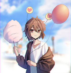 Rule 34 | 1boy, 7himebdgd, balloon, black jacket, brown eyes, brown hair, candy, child, chromatic aberration, closed mouth, cloud, cotton candy, film grain, food, hair between eyes, heart, highres, holding, holding balloon, holding candy, holding food, isoi haruki, jacket, korean commentary, long sleeves, male focus, open clothes, open jacket, outdoors, saibou shinkyoku, shirt, short hair, sky, smile, solo, white shirt
