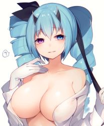 Rule 34 | 1girl, ?, areola slip, bad id, bad twitter id, bare shoulders, blue eyes, blue hair, breasts, cleavage, collarbone, covered erect nipples, drill hair, gloves, hair ribbon, hand on own chest, heterochromia, holding, horns, huge breasts, long hair, looking at viewer, matching hair/eyes, muryotaro, open clothes, open shirt, original, parted lips, phantasy star, phantasy star online, phantasy star online 2, purple eyes, ribbon, shirt, smile, solo, upper body, white background, white gloves