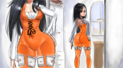 Rule 34 | 1girl, ass, bad id, bad pixiv id, black hair, bodysuit, commentary, curvy, d1975, final fantasy, final fantasy ix, garnet til alexandros xvii, hand on own hip, hip focus, indoors, long hair, looking back, orange bodysuit, solo, square enix, thighs, tight clothes, weight conscious, wide hips, window
