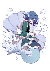 Rule 34 | 1girl, absurdres, back bow, bing zizi, blue hair, bow, bubble, closed eyes, crying, fins, frilled kimono, frills, from side, full body, green kimono, head fins, highres, japanese clothes, kimono, mermaid, monster girl, profile, shell, short hair, solo, tears, touhou, wakasagihime, wide sleeves