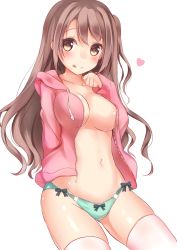 Rule 34 | 10s, 1girl, :p, areola slip, bad id, bad pixiv id, blush, bow, bow panties, breasts, brown eyes, brown hair, cleavage, closed mouth, cowboy shot, eyebrows, green bow, green panties, idolmaster, idolmaster cinderella girls, jacket, large breasts, looking at viewer, navel, no bra, open clothes, open jacket, panties, pink jacket, pink thighhighs, shimamura uzuki, simple background, smile, solo, standing, stomach, tareme, thighhighs, tongue, tongue out, underwear, unzipped, white background, yuuyu (yuuyu015), zipper