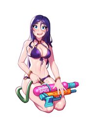 Rule 34 | 1girl, :d, bare shoulders, bikini, blue eyes, blush, blushyspicy, bracelet, caitlyn (league of legends), hair between eyes, jewelry, kneeling, league of legends, long hair, looking at viewer, navel, o-ring, o-ring top, open mouth, outline, pool party caitlyn, purple bikini, smile, solo, swimsuit, teeth, transparent background, upper teeth only, water gun, white outline