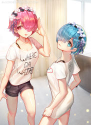 Rule 34 | 10s, 2girls, :d, arm at side, artist name, black shorts, blue eyes, blue hair, blurry, bra strap, breasts, casual, cleavage, closed mouth, clothes writing, contemporary, couch, curtains, depth of field, english text, eyebrows, eyelashes, hair ornament, hair over one eye, hair ribbon, hairband, hairclip, hand up, heart, highres, indoors, legs apart, looking at viewer, medium breasts, meme, multiple girls, one eye covered, open mouth, purple ribbon, ram (re:zero), re:zero kara hajimeru isekai seikatsu, rem (re:zero), ribbon, sangrde, shiny skin, shirt, short hair, short shorts, shorts, siblings, sisters, smile, standing, t-shirt, twins, watermark, web address, window, x hair ornament