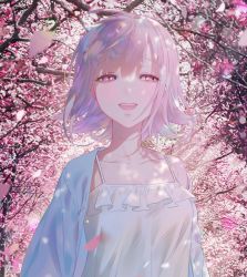 Rule 34 | :d, bad id, bad twitter id, blue jacket, blush, breasts, character request, check character, cherry blossoms, collarbone, danganronpa (series), danganronpa 2: goodbye despair, day, jacket, large breasts, looking at viewer, nanami chiaki, off shoulder, open mouth, outdoors, petals, pin (ke0070831), pink eyes, pink hair, real life insert, short hair, smile, solo, tree, upper body